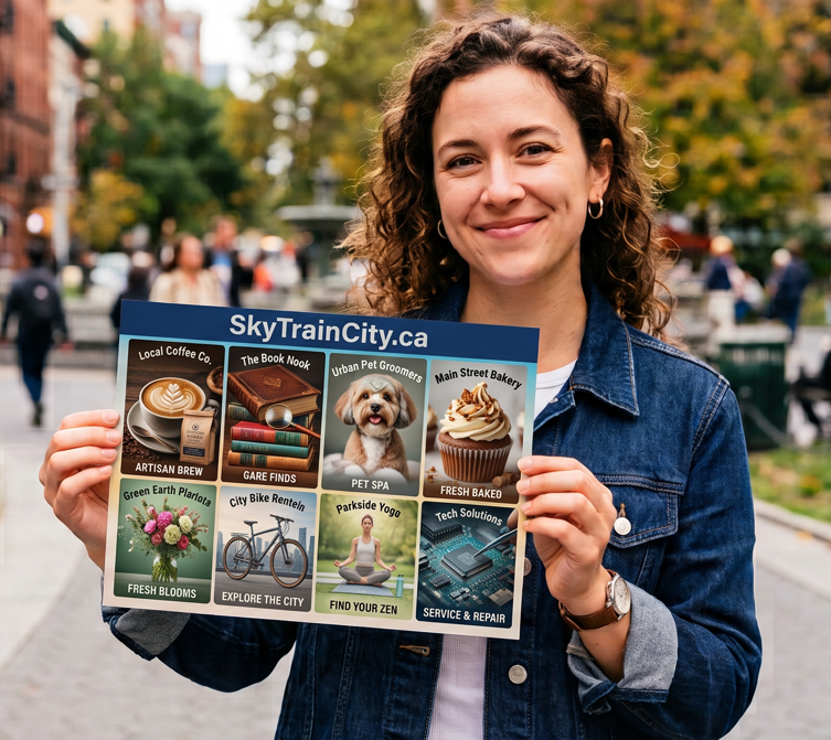 A local resident holding a SkyTrainCity neighbourhood flyer on a city street